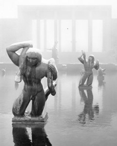 Balthazar Korab,  Eliel Saarinen, Cranbrook Academy of Arts (Bloomfield Hills, MI, 1938–42), ca. 1978. Mermaids & Tritons bronze sculptures (1930) by Carl Milles in the foreground.